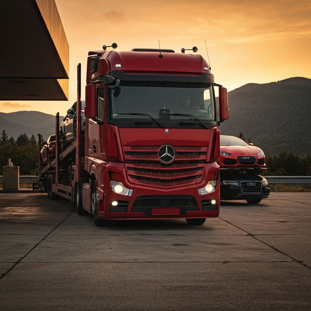 Araç taşıma için fiyat ve rota planlamasını temsil eden lojistik tır görseli